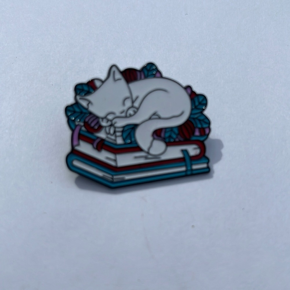 2/$14 Cat Laying on Books book‎ lover brooch lapel pin backpack pin hat pin gift